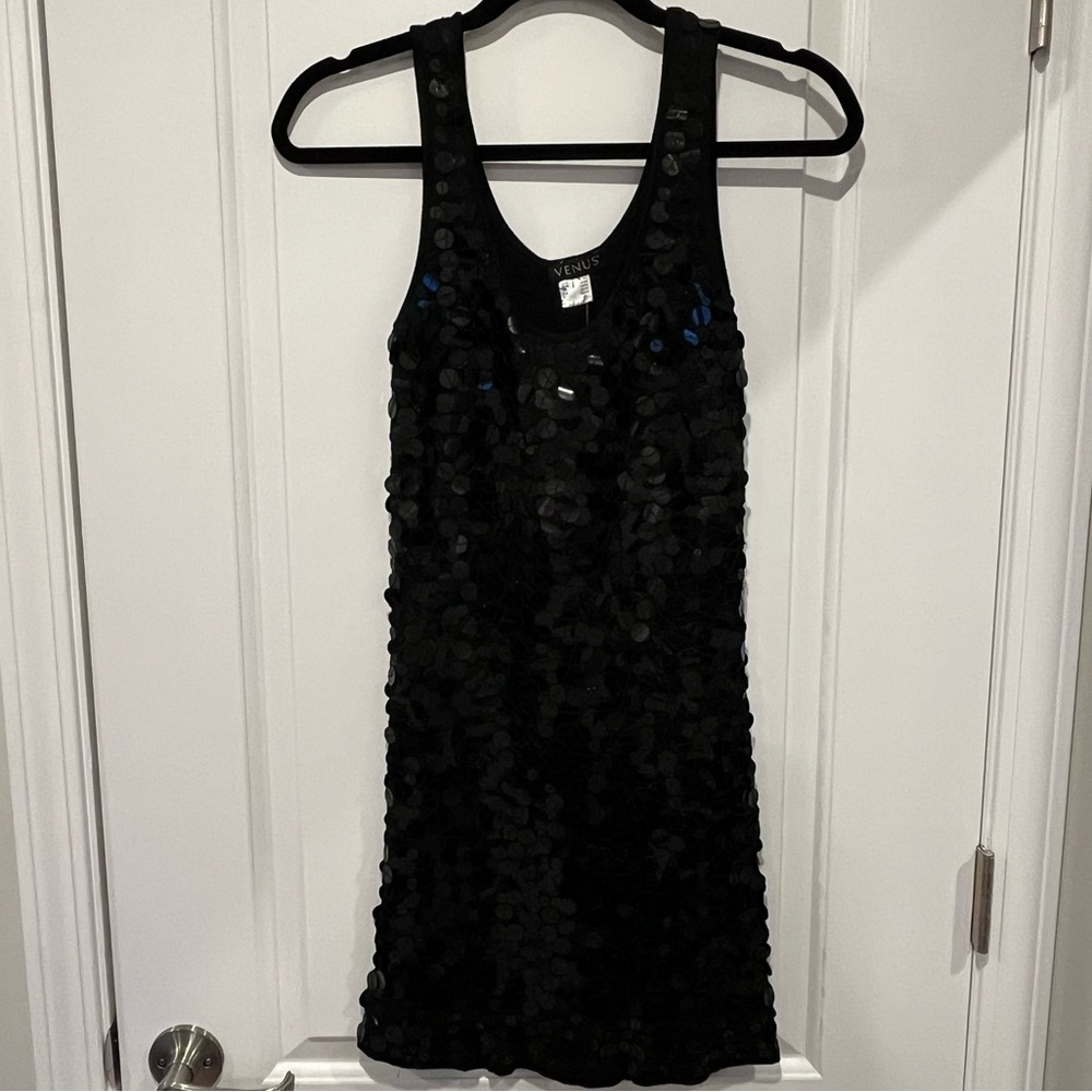 VENUS - Sequined Black Sleeveless Tank Style Stretchy Mini Dress - XS - NWOT